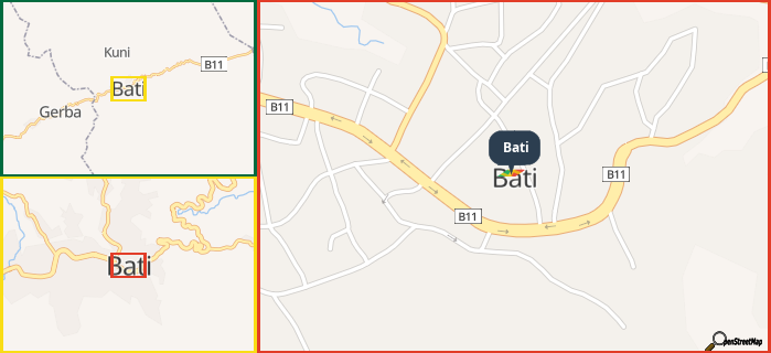 Map showing the address of Bati in three different zoom levels.