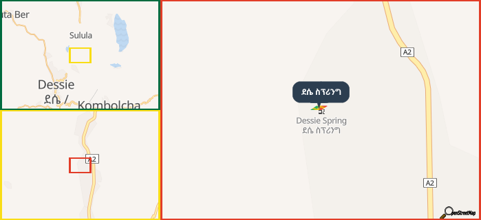 Map showing the address of ደሴ ስፕሪንግ in three different zoom levels.