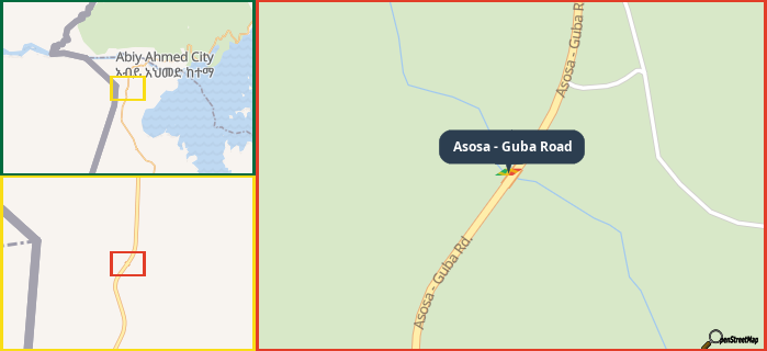 Map showing the address of Asosa - Guba Road in three different zoom levels.