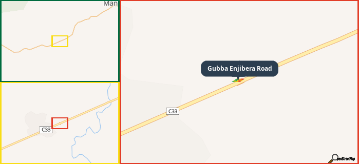 Map showing the address of Gubba Enjibera Road in three different zoom levels.