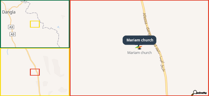 Map showing the address of Mariam church in three different zoom levels.
