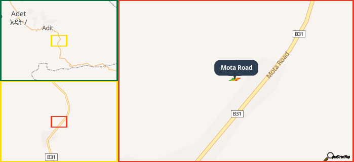 Map showing the address of Mota Road in three different zoom levels.