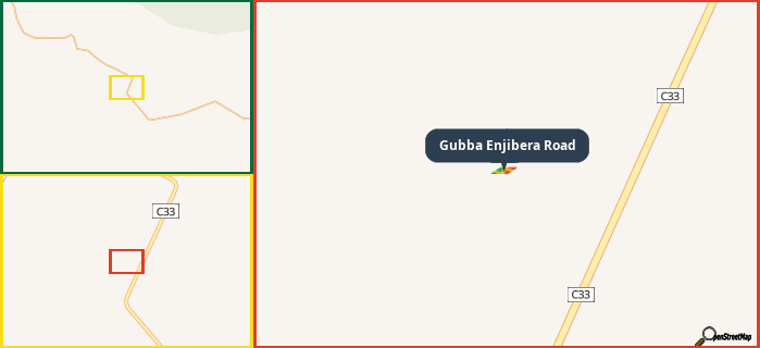 Map showing the address of Gubba Enjibera Road in three different zoom levels.
