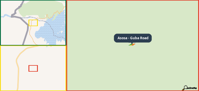 Map showing the address of Asosa - Guba Road in three different zoom levels.