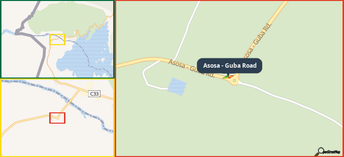 Map showing the address of Asosa - Guba Road in three different zoom levels.