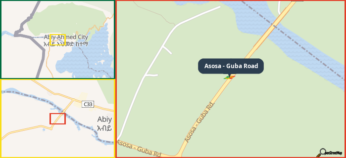 Map showing the address of Asosa - Guba Road in three different zoom levels.