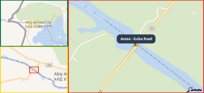 Map showing the address of Asosa - Guba Road in three different zoom levels.