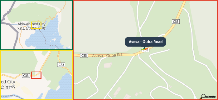 Map showing the address of Asosa - Guba Road in three different zoom levels.