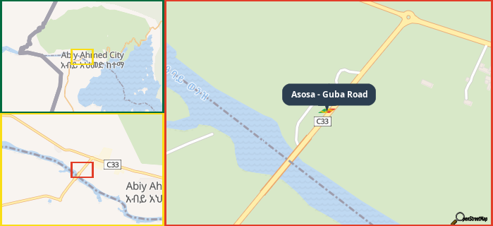 Map showing the address of Asosa - Guba Road in three different zoom levels.