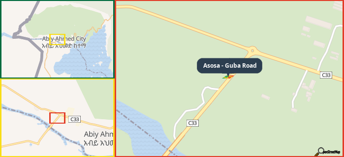 Map showing the address of Asosa - Guba Road in three different zoom levels.