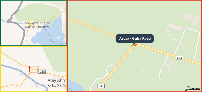 Map showing the address of Asosa - Guba Road in three different zoom levels.