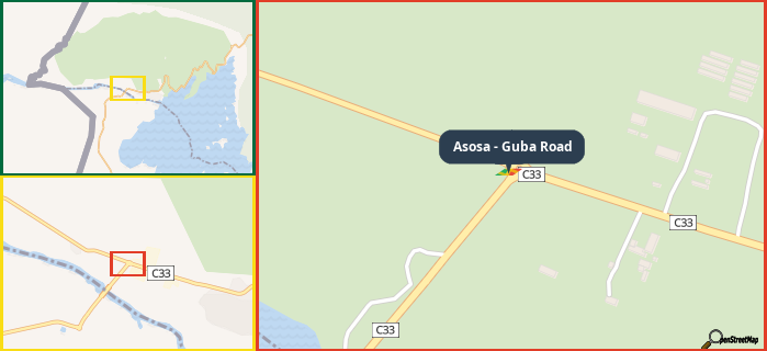 Map showing the address of Asosa - Guba Road in three different zoom levels.