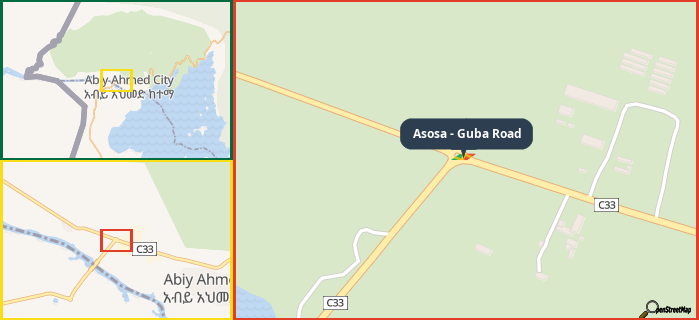 Map showing the address of Asosa - Guba Road in three different zoom levels.