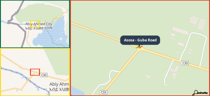 Map showing the address of Asosa - Guba Road in three different zoom levels.
