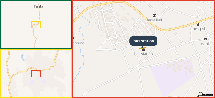 Map showing the address of bus station in three different zoom levels.