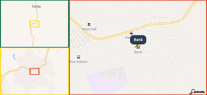 Map showing the address of Bank in three different zoom levels.
