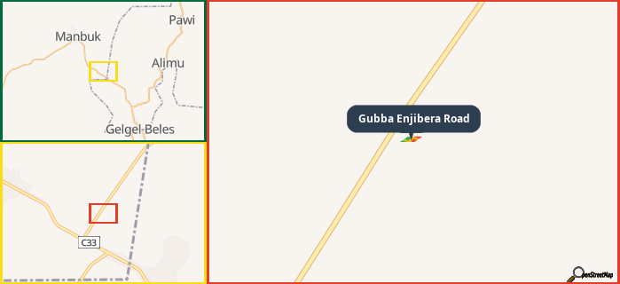 Map showing the address of Gubba Enjibera Road in three different zoom levels.