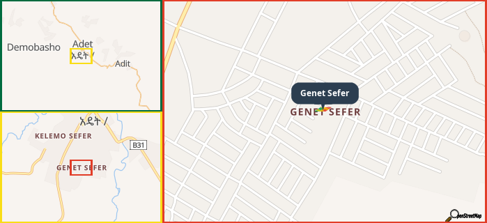 Map showing the address of Genet Sefer in three different zoom levels.