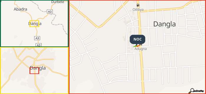 Map showing the address of NOC in three different zoom levels.