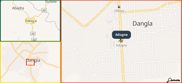 Map showing the address of Adugna in three different zoom levels.