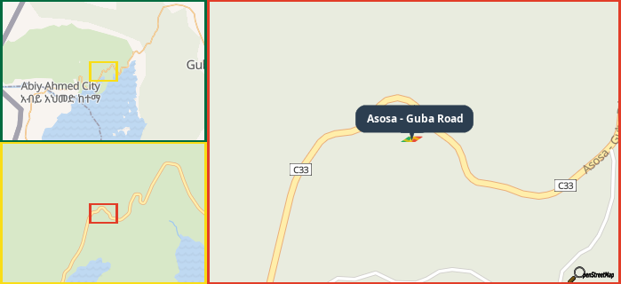 Map showing the address of Asosa - Guba Road in three different zoom levels.