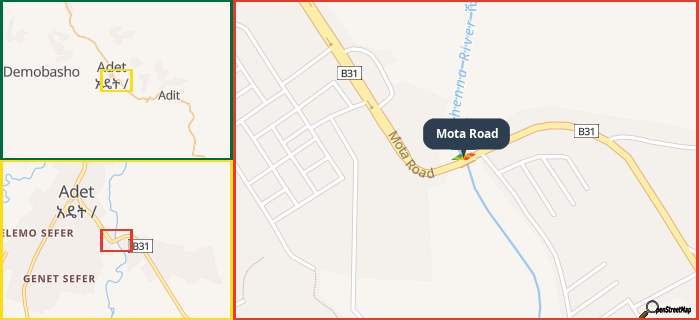Map showing the address of Mota Road in three different zoom levels.