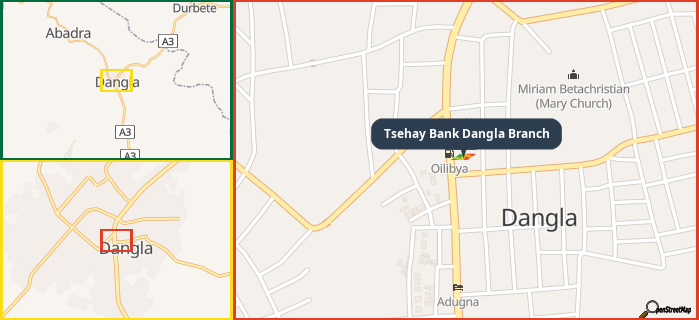 Map showing the address of Tsehay Bank Dangla Branch in three different zoom levels.