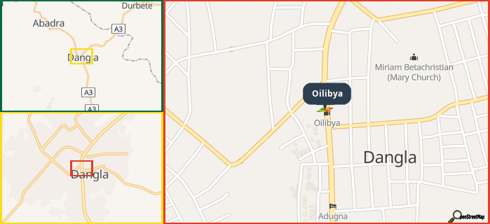 Map showing the address of Oilibya in three different zoom levels.