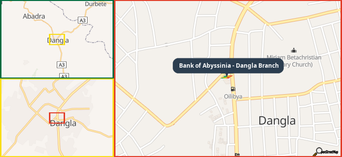 Map showing the address of Bank of Abyssinia - Dangla Branch in three different zoom levels.