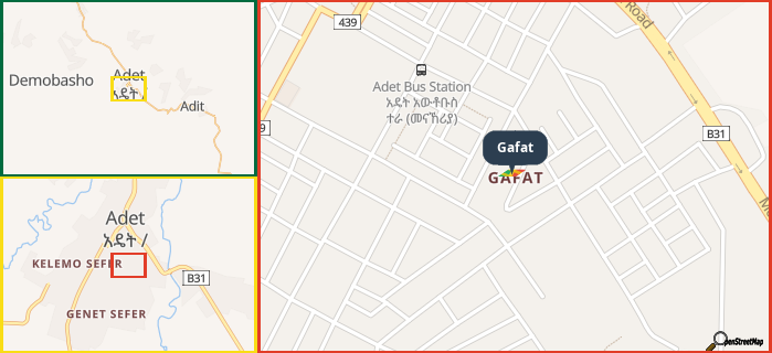 Map showing the address of Gafat in three different zoom levels.