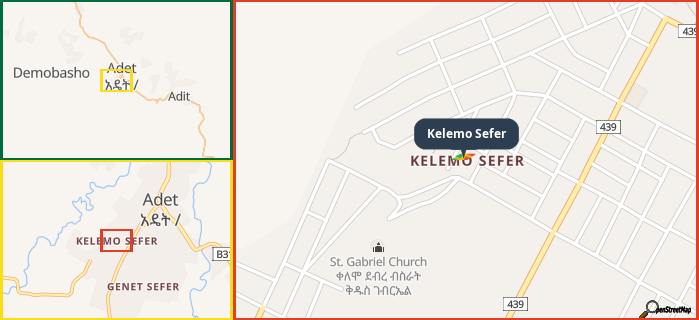 Map showing the address of Kelemo Sefer in three different zoom levels.