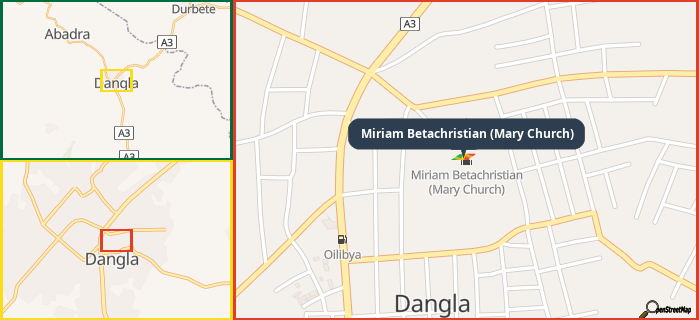 Map showing the address of Miriam Betachristian (Mary Church) in three different zoom levels.