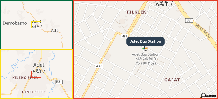 Map showing the address of Adet Bus Station in three different zoom levels.