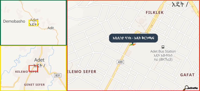 Map showing the address of አቢሲንያ ባንክ - አዴት ቅርንጫፍ in three different zoom levels.