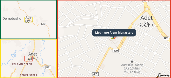 Map showing the address of Medhane Alem Monastery in three different zoom levels.