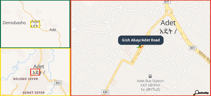 Map showing the address of Gish Abay/Adet Road in three different zoom levels.