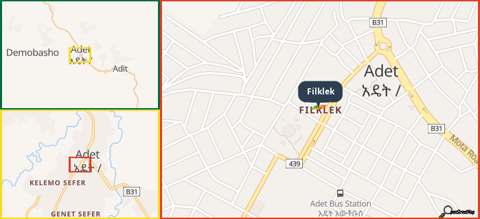 Map showing the address of Filklek in three different zoom levels.