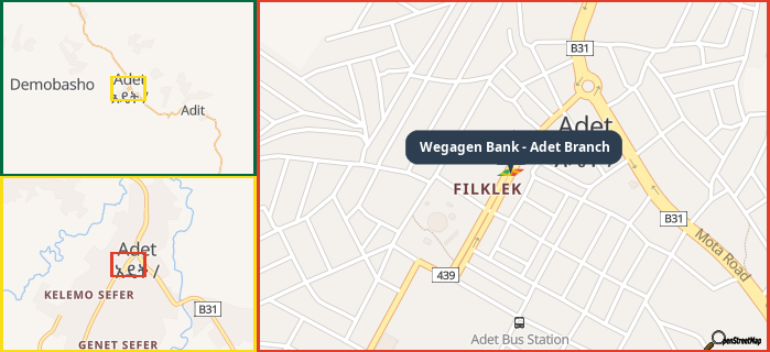 Map showing the address of Wegagen Bank - Adet Branch in three different zoom levels.