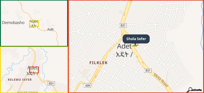 Map showing the address of Shola Sefer in three different zoom levels.