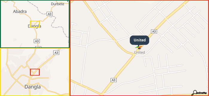 Map showing the address of United in three different zoom levels.