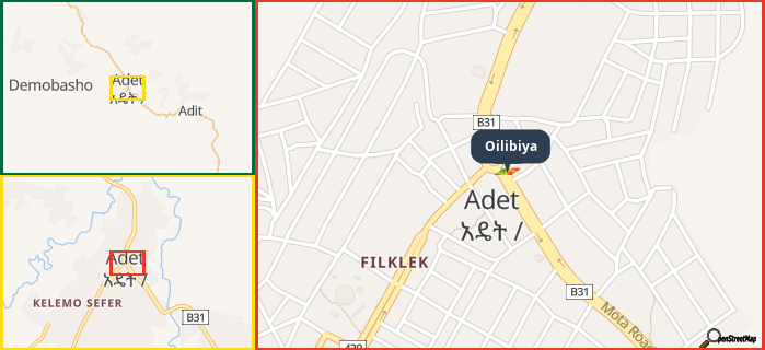Map showing the address of Oilibiya in three different zoom levels.