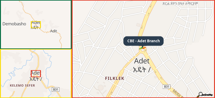 Map showing the address of CBE - Adet Branch in three different zoom levels.