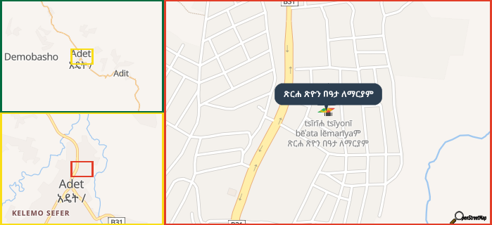 Map showing the address of ጽርሐ ጽዮን በዓታ ለማርያም in three different zoom levels.