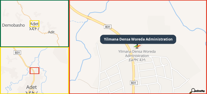 Map showing the address of Yilmana Densa Woreda Administration in three different zoom levels.