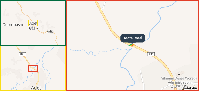 Map showing the address of Mota Road in three different zoom levels.