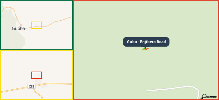 Map showing the address of Guba - Enjibera Road in three different zoom levels.
