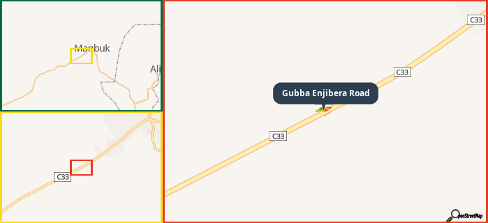 Map showing the address of Gubba Enjibera Road in three different zoom levels.