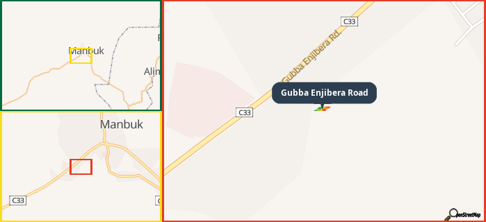 Map showing the address of Gubba Enjibera Road in three different zoom levels.