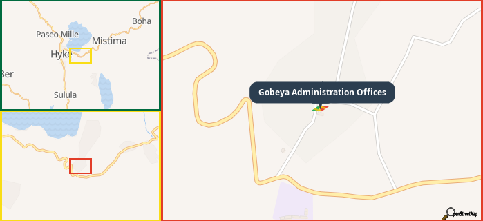 Map showing the address of Gobeya Administration Offices in three different zoom levels.