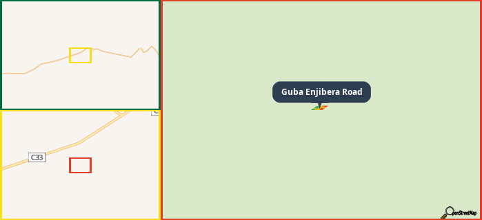 Map showing the address of Guba Enjibera Road in three different zoom levels.